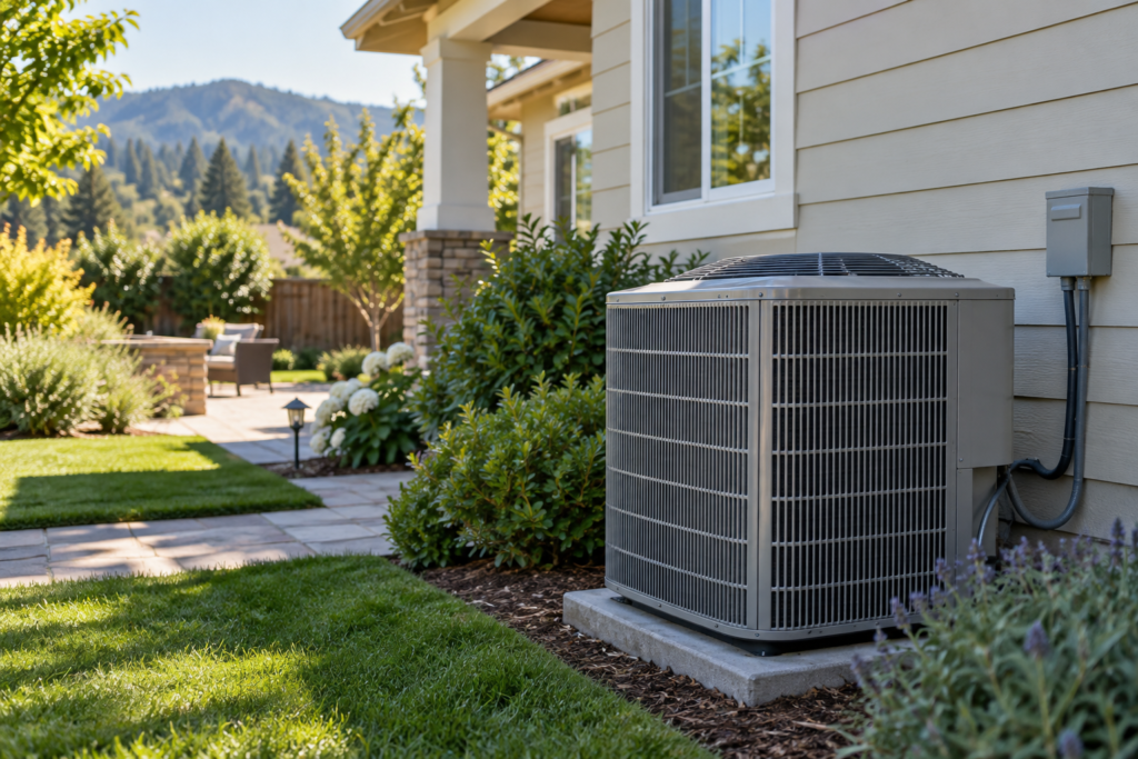 Outdoor residential air conditioning unit beside a landscaped home